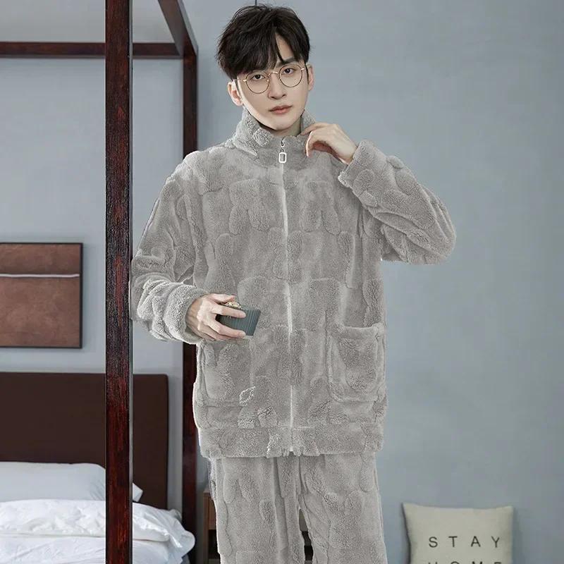 Men's Thicken Warm Pajamas Sets Flannel 2 Piece Sets Sleepwear Male Autumn Winter Home Suit Soft Nightwear Pijama Loungewer