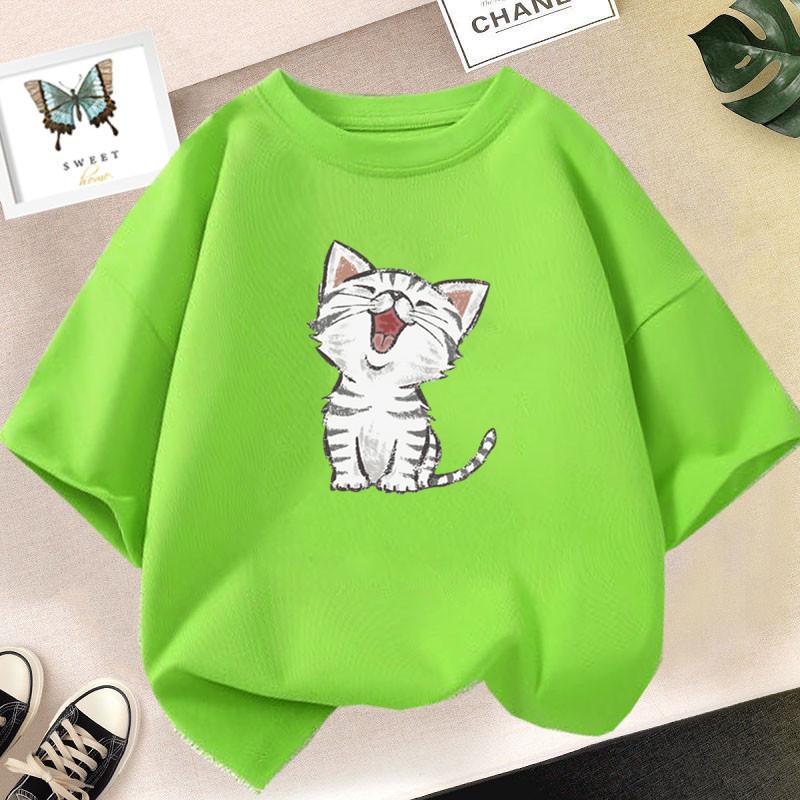 Girls Clothes 2025 Summer Fashion T-Shirt Fun And Cute Cat  Print Short-Sleeved Tops Children Summer Clothes