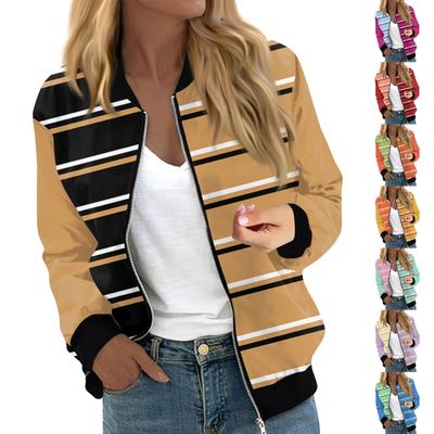 Women's Fashion Casual Stripe Patchwork Printed Jacket Zipper With Pockets Jacket