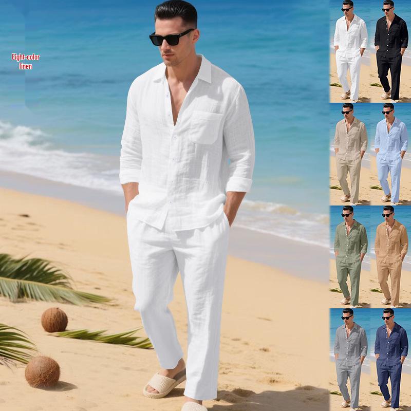 Men's Linen Casual Two-Piece Set: Classic Lapel Long Sleeve Shirt & Breathable Straight-Leg Pants