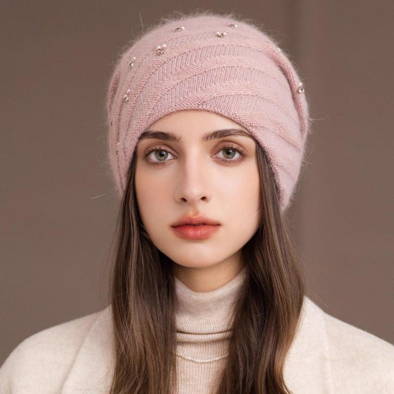 Women S Double Layer Knit Hat Warm Winter Beanie Pearl Glitter Rabbit Hair Blend