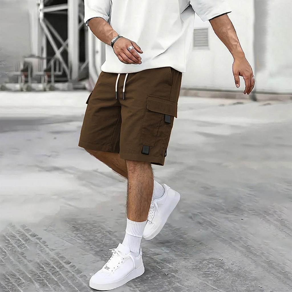 Herren Cargo-Hose mit Kordelzug Lässig Patchwork Mehrere Taschen Gerade Beine Fünf-Punkt-Hose