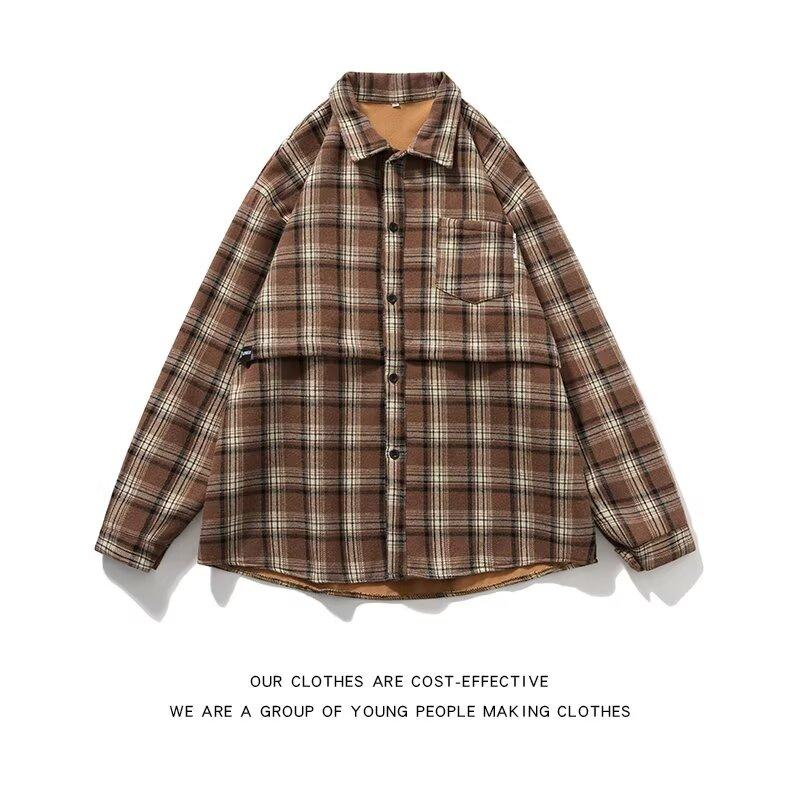 2024 Spring and Autumn Japanese Style Retro Plaid Long Sleeve Shirt Boys and Teenagers Feel Ruan Handsome Thick Wool Shirt Coat