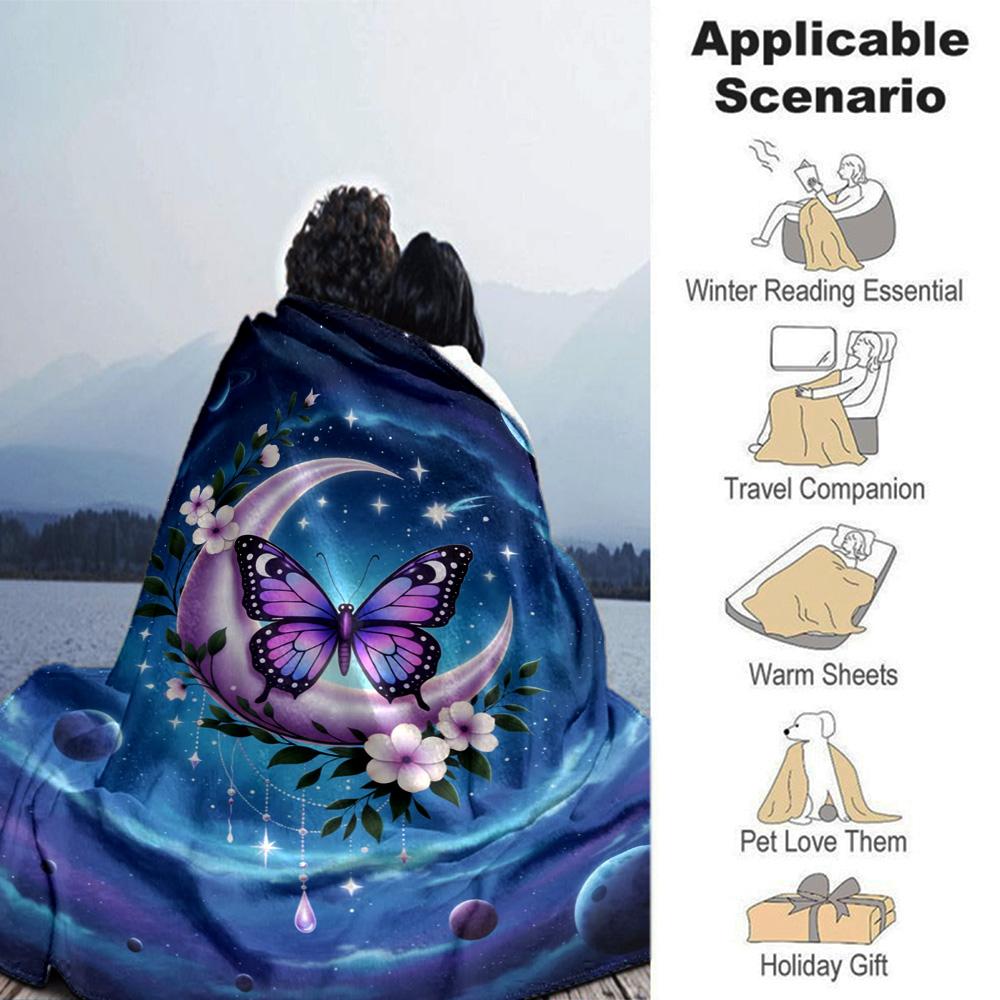 Purple Butterfly Moon Galaxy Floral Art Print Flannel Blanket Soft Warm Throw Blanket for Sofa Bed Living Room