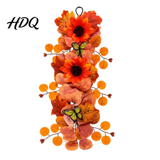 Fall Sunflower Garland with Butterflies Artificial Wall Hanging Maple Leaf Butterfly Autumn Harvest Decoration for Hanging Wreath Indoor Outdoor