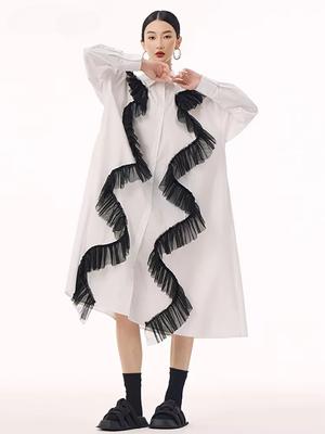 Patchwork Mesh Single Breasted Shirt Collar Dress GMM1184