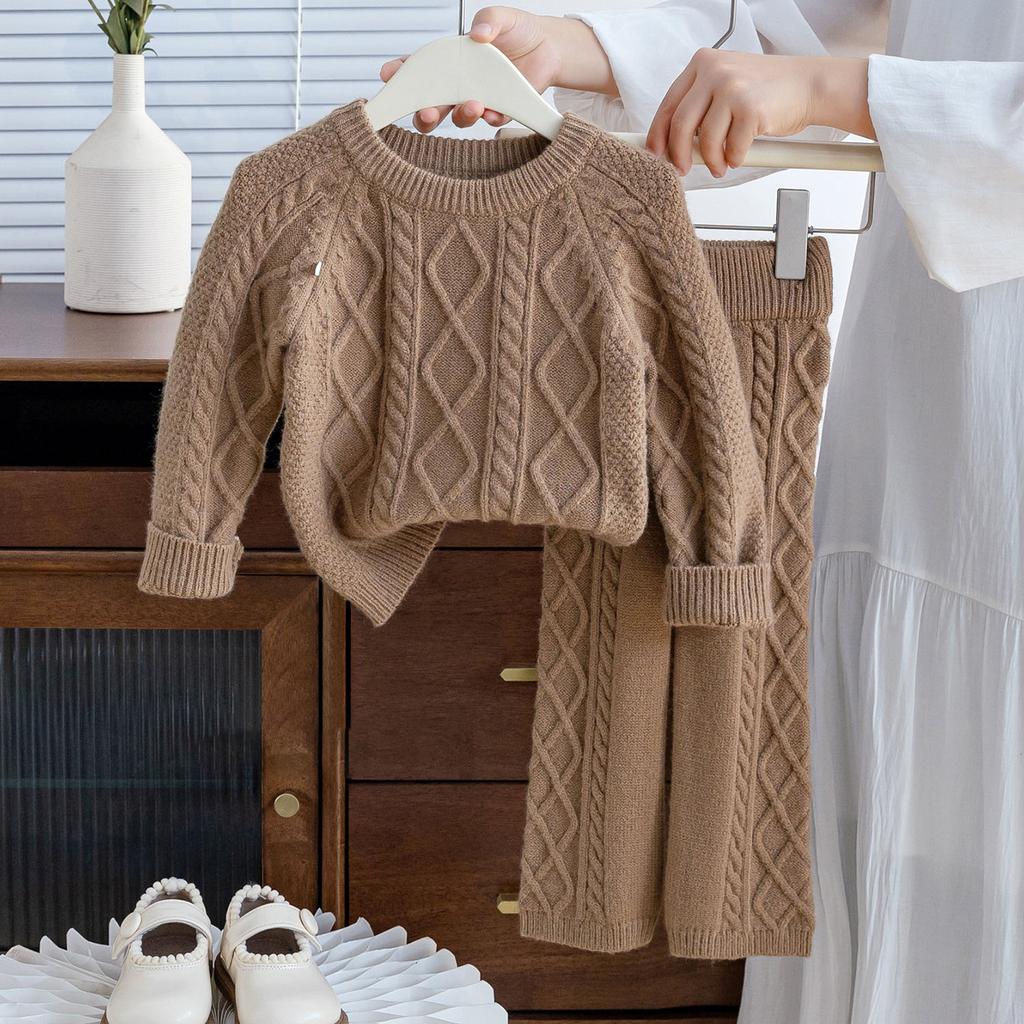 Girls Autumn Knitting Sweater Sets Pullover Girls Clothing Sets Winter Korean Sweater Pants Children Knitted Wool Trouser Suits