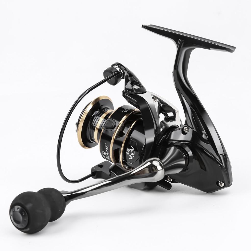 Black Gold Spinning Fishing Reel with Metal Line Cup for Long Cast and Sea Rods, Foldable Design