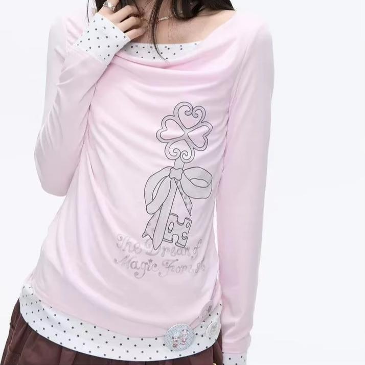 Y2k Aesthetic Fake Two Pieces T-shirt Harajuku Polka Dot Patchwork Casual Tops Women Printing Grunge Slim Fit Tshirts