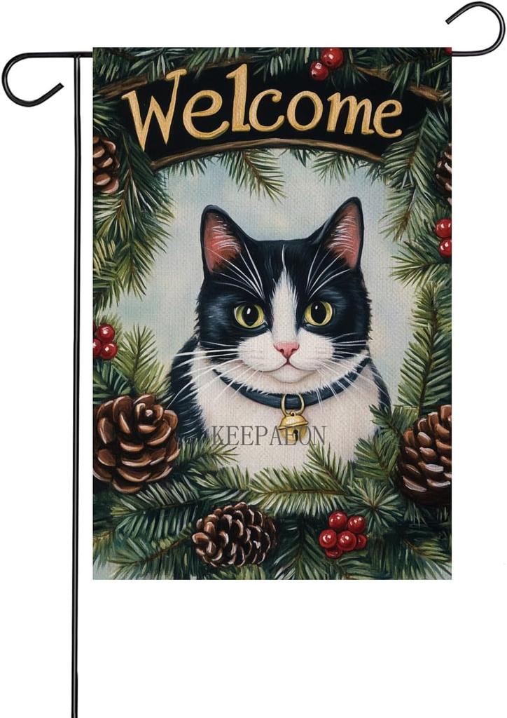 Merry Christams Garden ags 12x18 In Double Sided, Tuxedo Cat Holly Berry Branches Welcome Winter Holiday Yard Outdoor Hous GGO