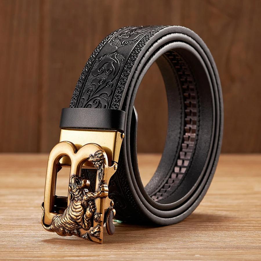 3.5CM Tiger Alloy Automatic Buckle Cowskin Leather Belt Quality Men Wasitbad Strap Genuine Leather Gift Bussiness Belt for Jeans