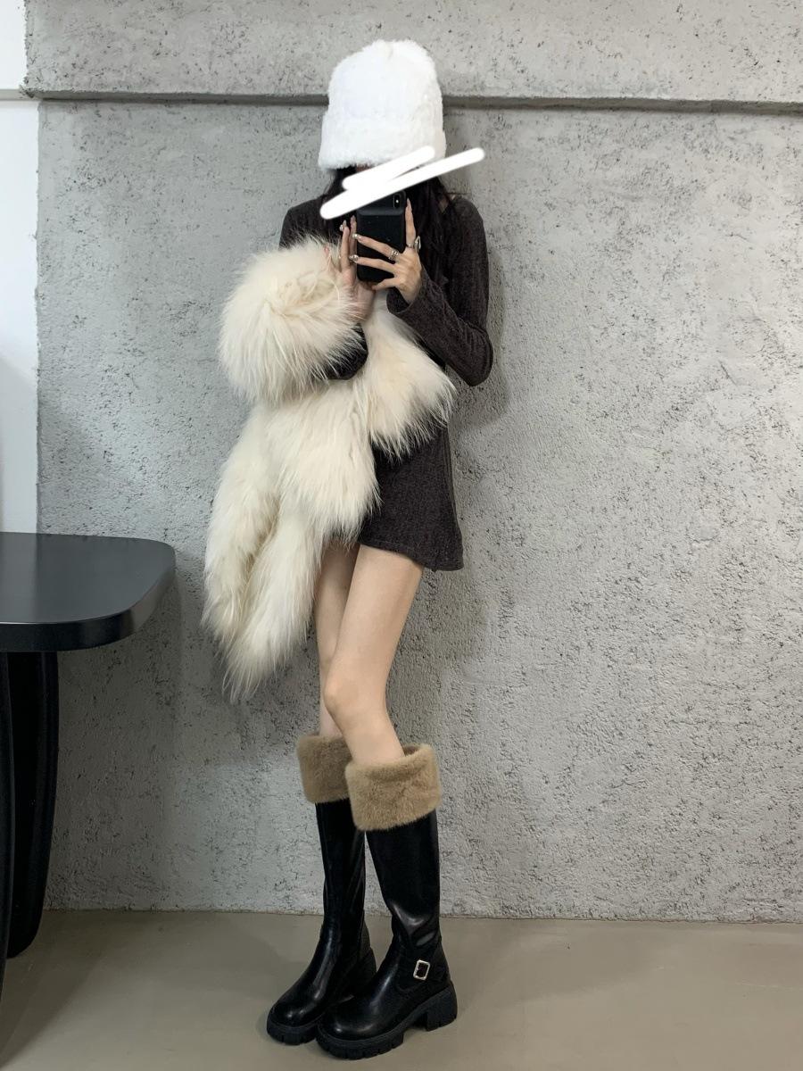

German Latin America Lamb Feather Boots Women s Winter Fleece Snow Boots Warm Thick Heel Tall Boots Small Thick-soled Knight Boots 39 хакі