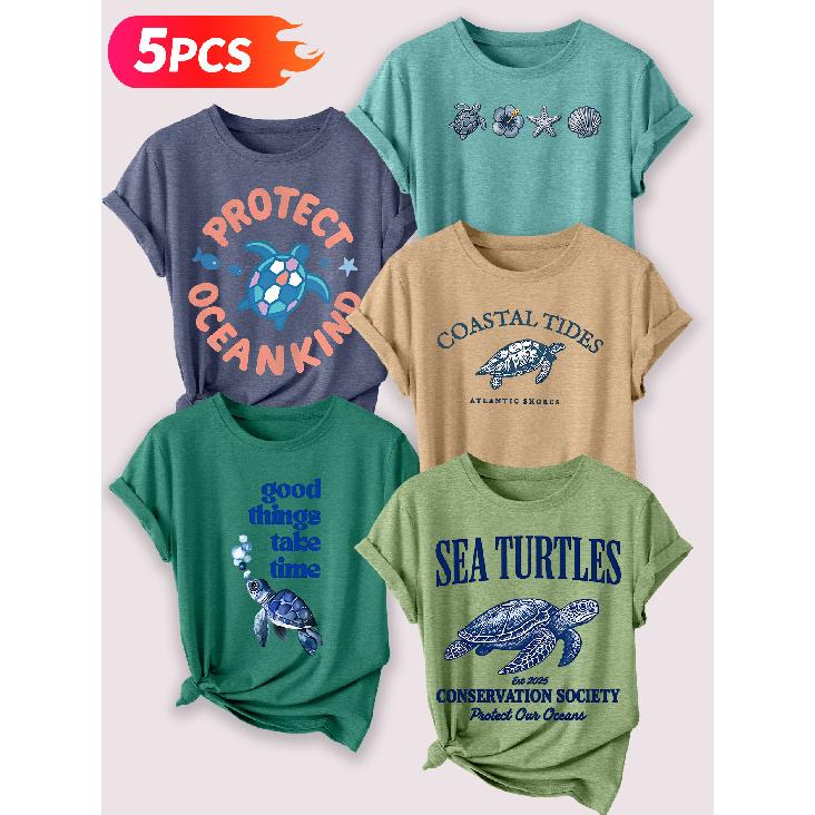 Follow a specific direction Five-piece set of women's short-sleeve tops Ocean Turtle Theme Vintage Print Elegant summer clothing Sleeveless