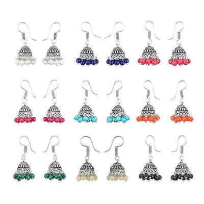 Earrings for Women & Girls | Traditional Multicolor Silver Oxidised Drop Chandbali Jhumka Earrings Set | German Silver Jhumki Combo |