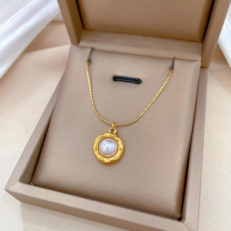 Special-Shaped Ring Pearl Temperament Personality Minimalist Wind Stove Real Gold Female Collarbone Necklace