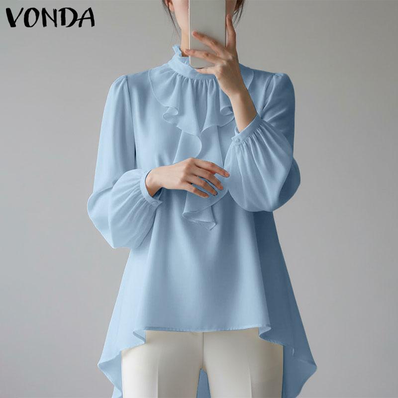 VONDA Women Elegant Casual Ruffled Stand Neck Loose Long Sleeve Irregular Blouse