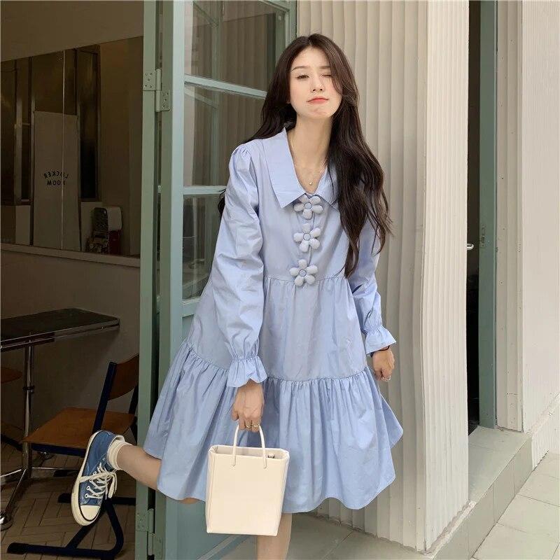Dresses Women 3D Flower Y2k Autumn Hotsweet Korean Style Simple Long Sleeve High Street All-match Temperament Knee-length Daily