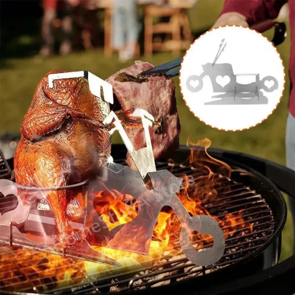 Motorcycle Stainless Steel Chicken Holder Bbq Vertical Turkey Roasting Rack For Outdoor Camping Baking Grill Oven Smoker Cooking