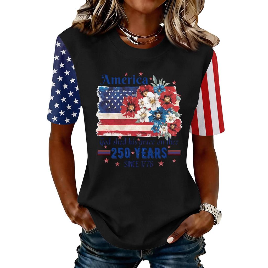 Blusa Feminina da Moda Casual de Manga Curta com Estampa e Gola Redonda