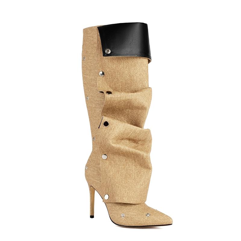 Fashion Women's New Spring and Autumn Pointed Fashion Runway, Metal Rivet Pleated Denim, High Heels, Plus Knee High Boots
