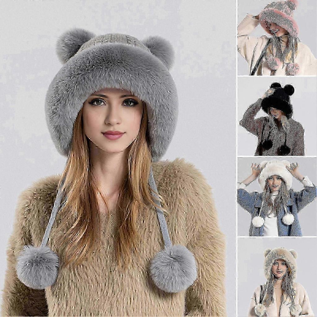 Winter Ladies Hat Fluffy Plush Thickened Heat Retention Ball Decor Ear Protection Solid Color Windproof Outdoor Camping Cycling Skiing Headwear -3-10