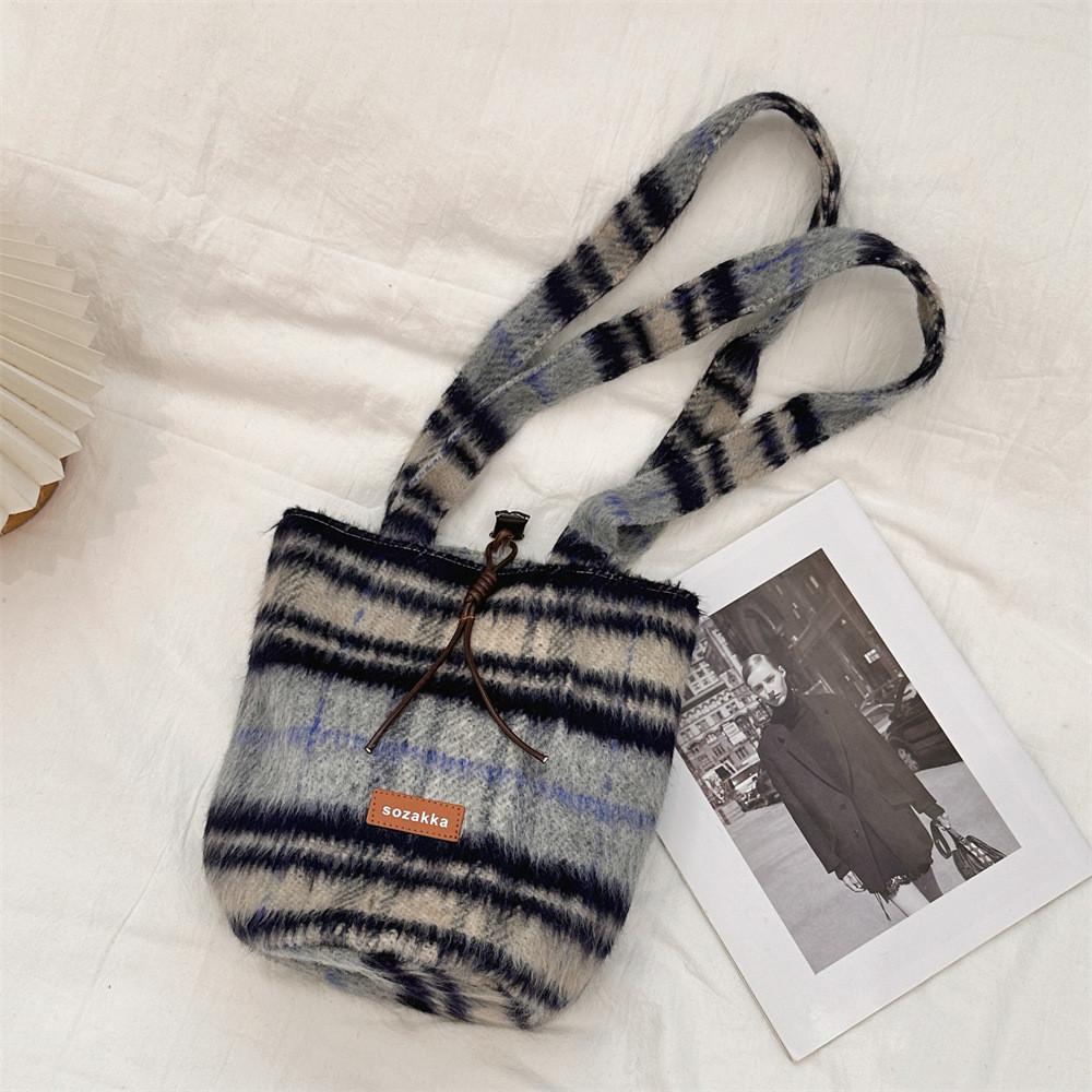 Chic Large Capacity Woolen Checkered Tote Bag For Women Perfect For Daily Outfits Blue Gray