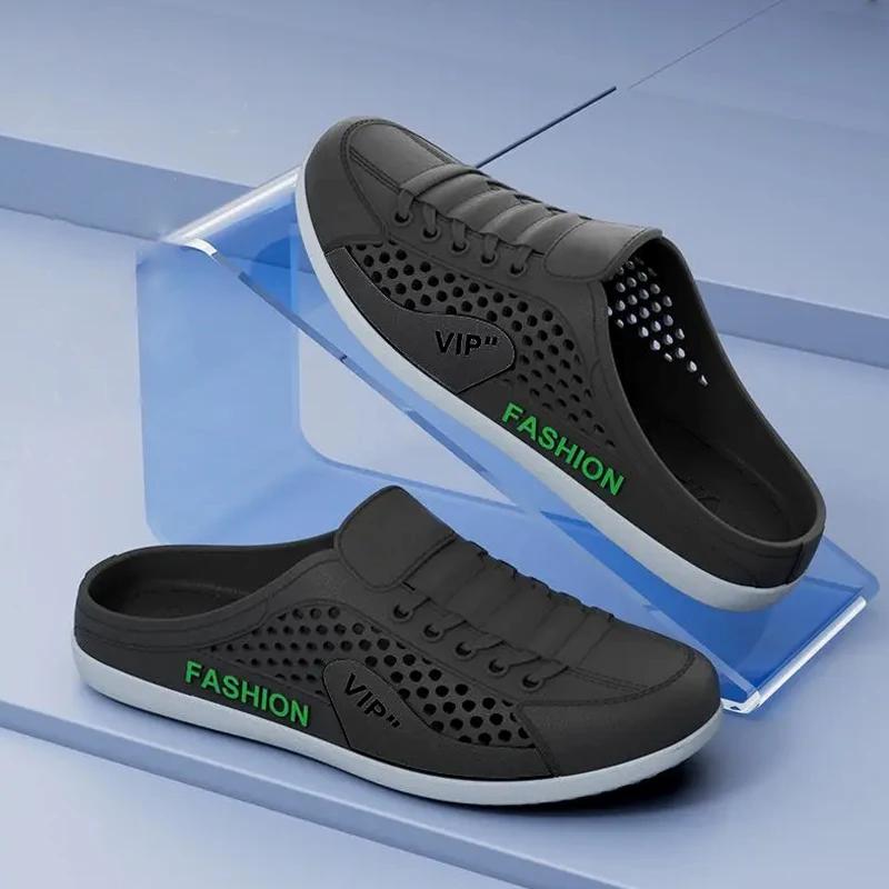 

Мода 2025 Мужская обувь летняя дышащая сетчатая обувь с отверстиями слипоны для ленивых людей без задника полушлепанцы модная универсальная повседневная обувь 44-45 чёрный