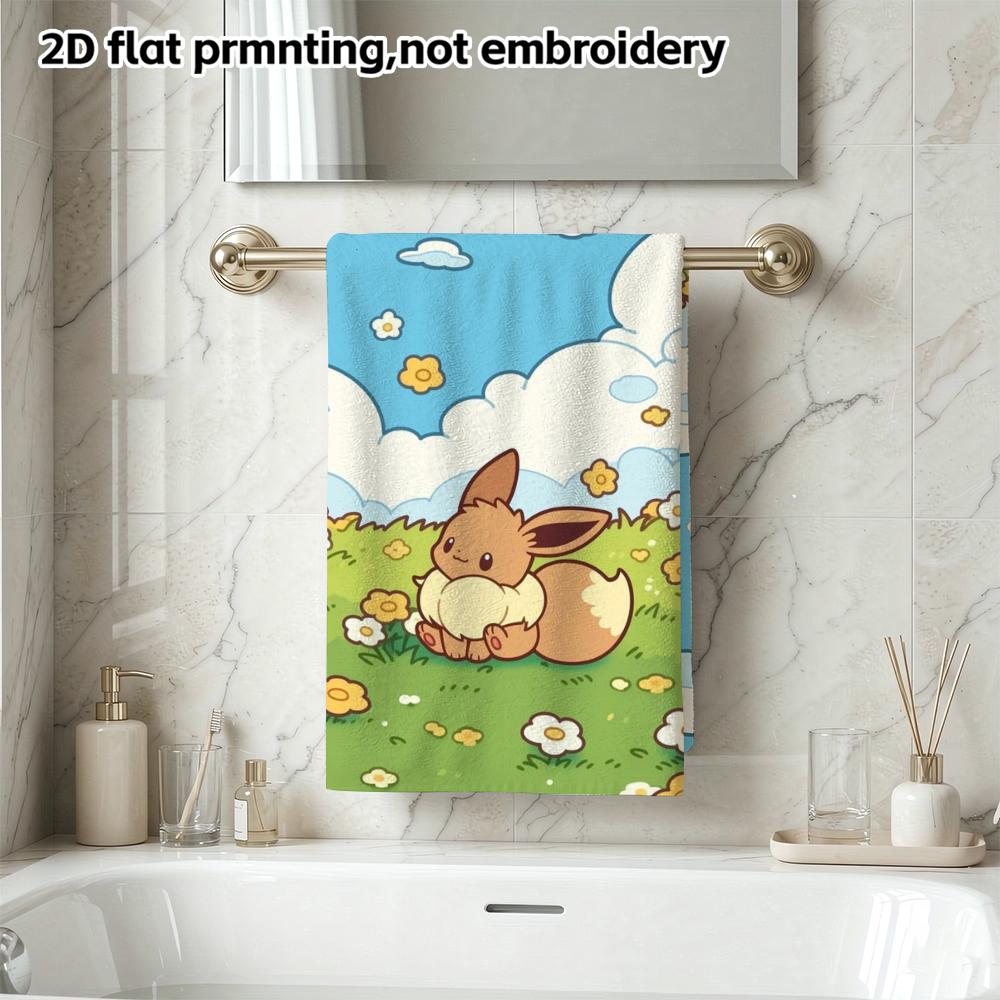 Cute Eevee Bath Towel, Soft Absorbent Quick Dry Shower Towel, Blue Sky Flower Field Cartoon Eevee Print Towel