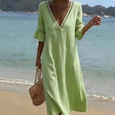 Boho Hollow Out Trim V-Neck Linen Beach Kaftan Cotton Dress For Women