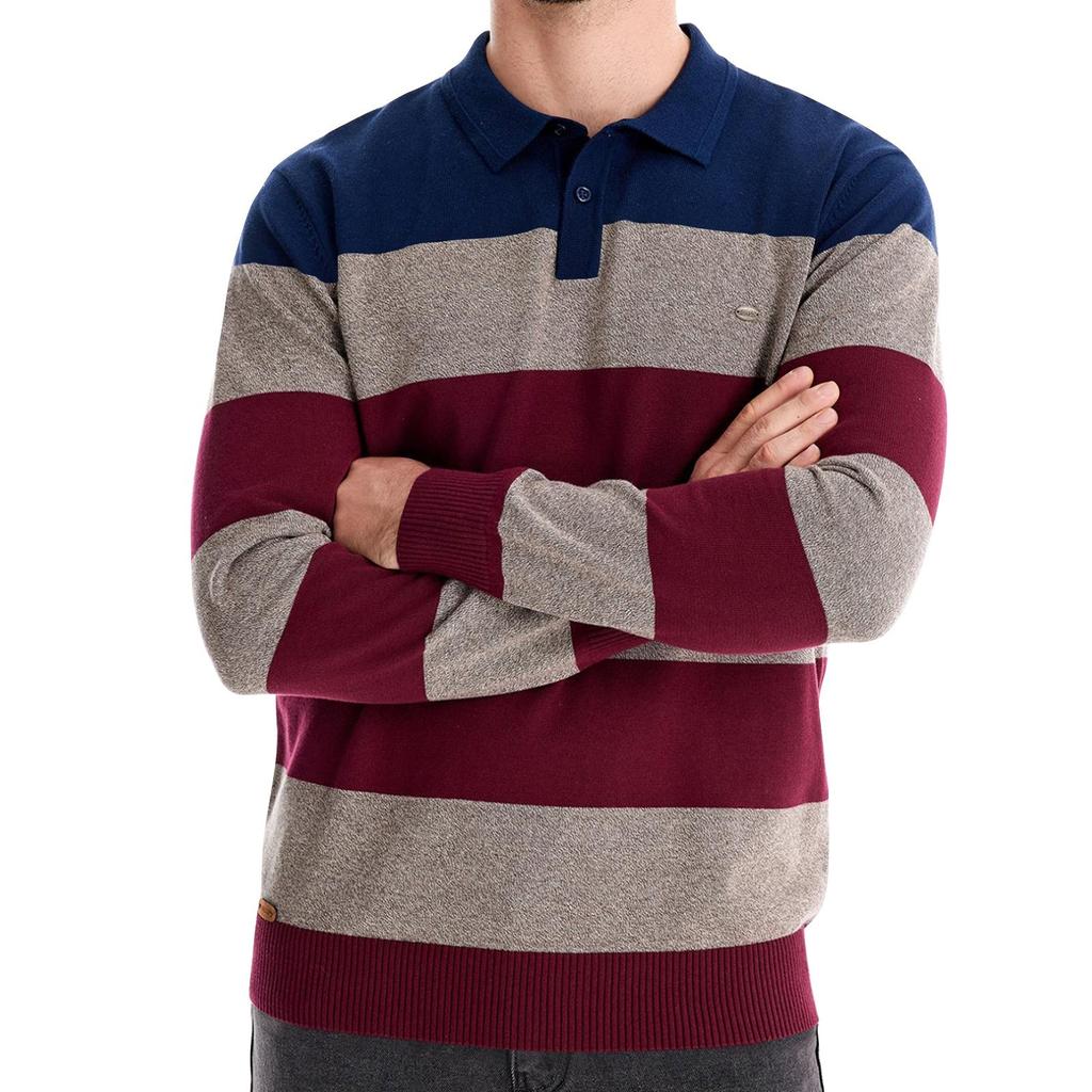Men's Winter Color Blocked Striped Lapel Button Slim Fit Long Sleeve Top