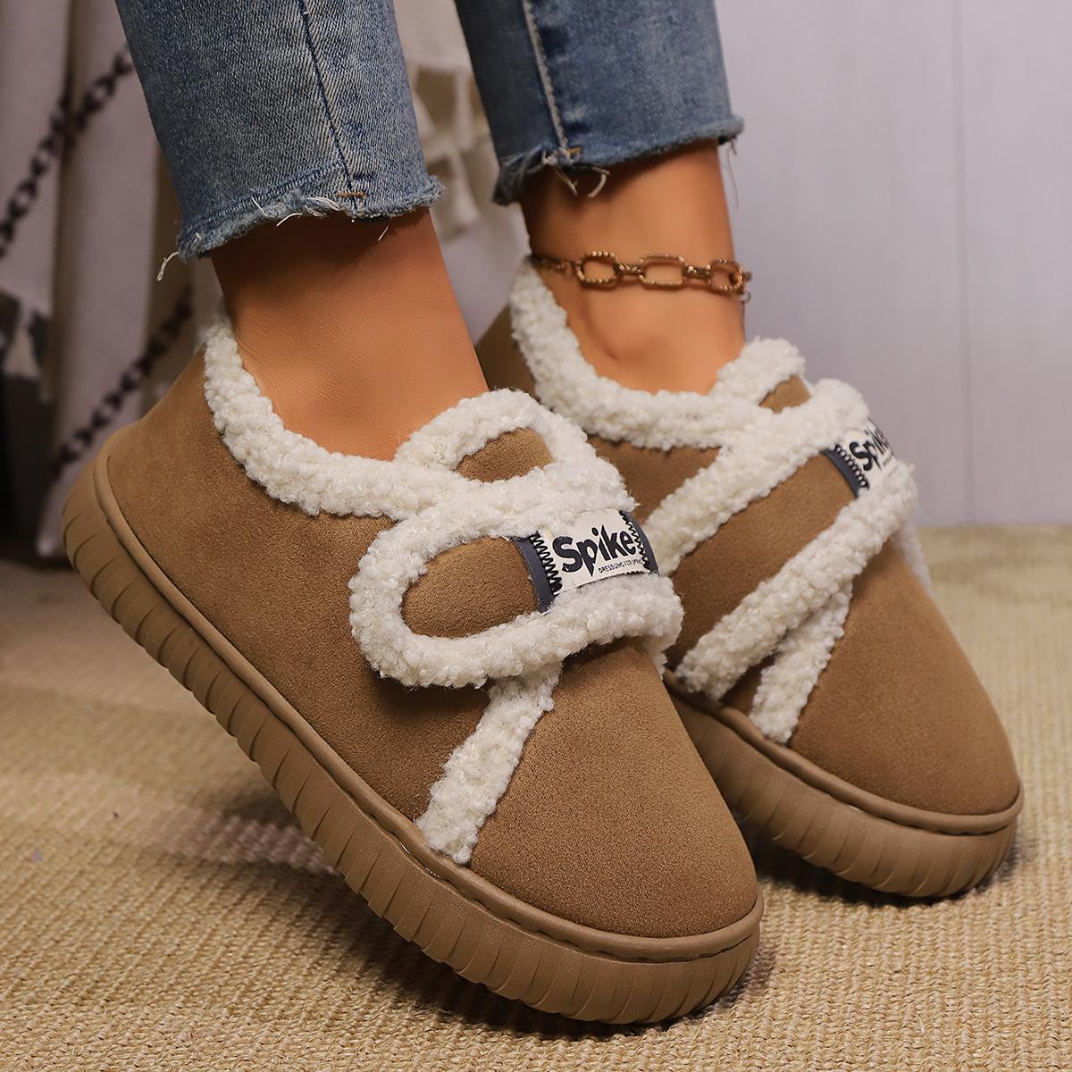 

Милое украшение из короткого плюша, липучка, зимние женские ботинки-дутики 2025, с круглым носком, на толстой подошве, ботильоны, мягкая подошва, теплый мех, боты 40-41 хаки