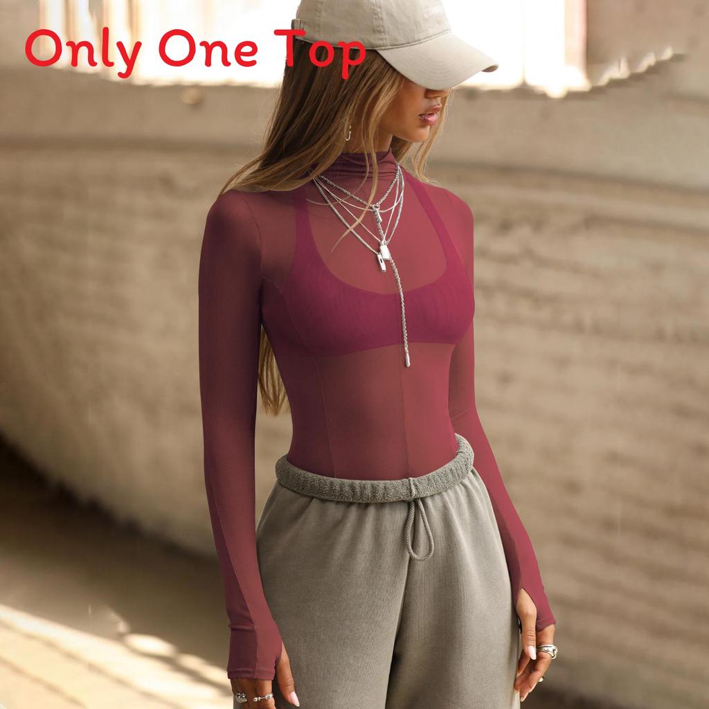 Long Sleeve Mesh Top With Semi High Neck For Streetwear And Party Wear