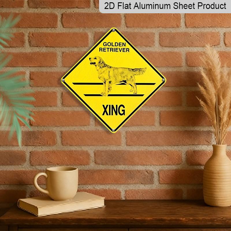 2D Flat 1pc Golden Retriever Crossing Sign - Pet Owner Gift, Vintage Caution Decoration - Bright Yellow & Black Metal Tin Poster - Indoor/Outdoor
