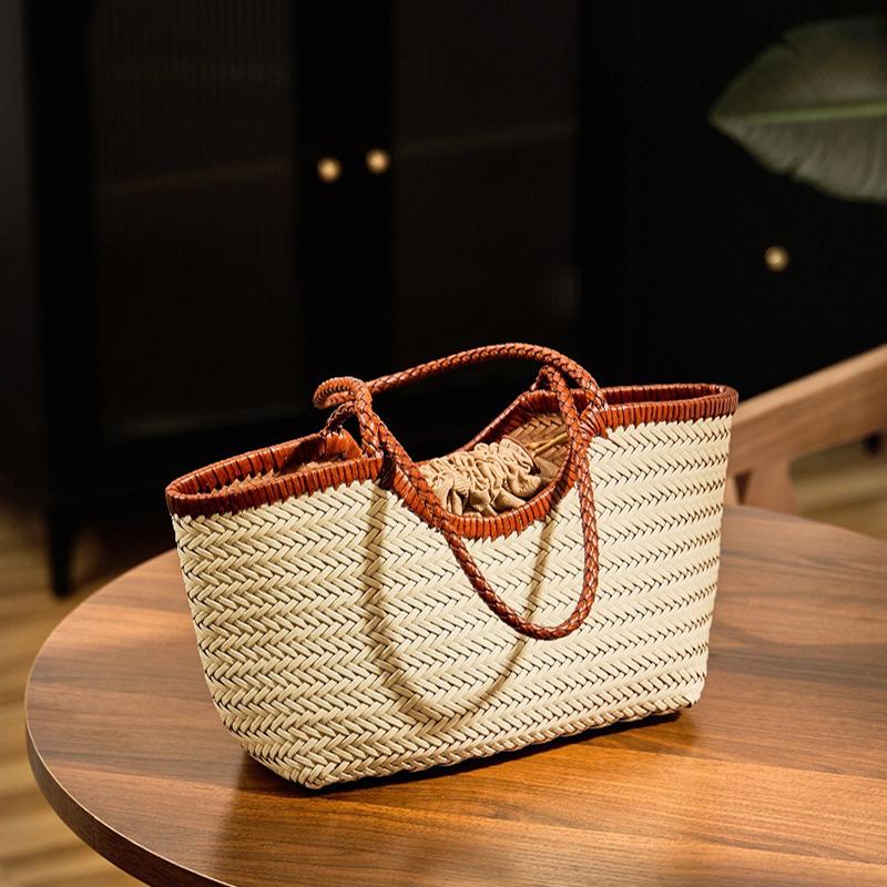 French Retro Woven Handbag With Lining Genuine Leather Handmade Woven Basket Ins Simple Style Women Shoulder Bag Underarm Bags