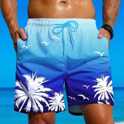 Summer Men's Tropical Print Swim Shorts with Drawstring Waist Beachwear Loose