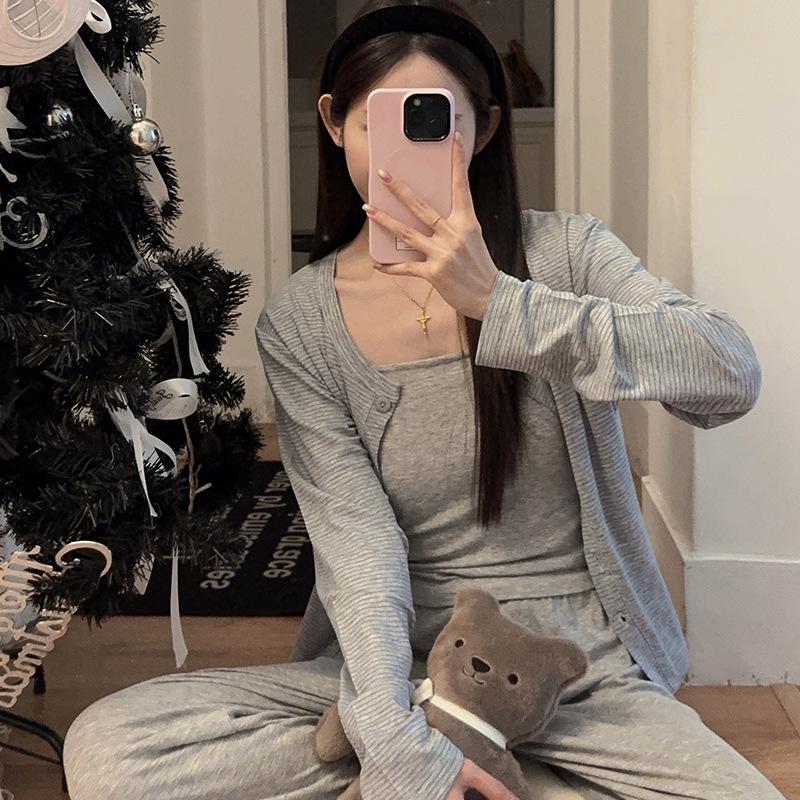 Women's Korean-Style Cardigan & Camisole Set with Chest Pad & Long Pants - Cute & Simple Homewear
