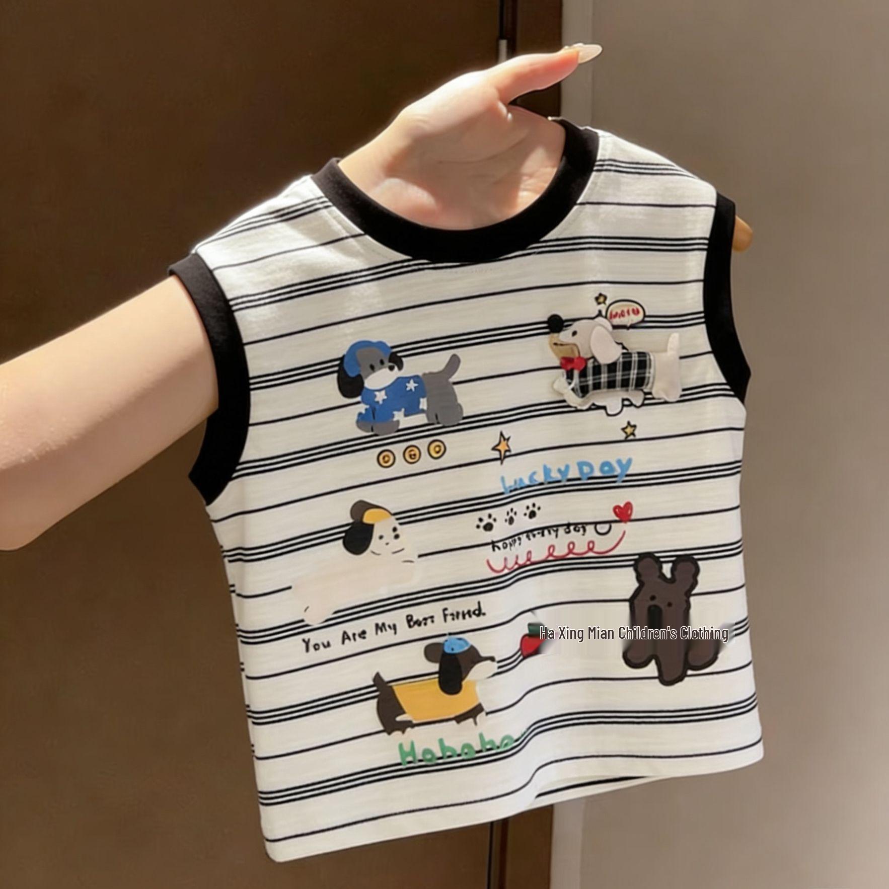 Stylish Korean Boys Cartoon Print Striped Cotton Vest - Sleeveless Summer Top for Kids 110 cm