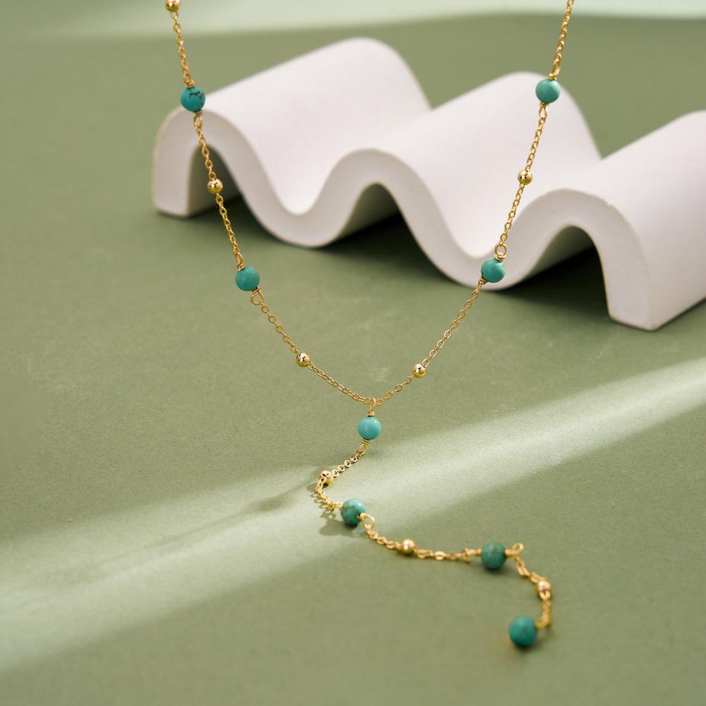 Factory  S925 Sterling Silver Y-shape Turquoise Sweater Chain Necklace for Women Dainty Daily Wear Necklace Jewelry