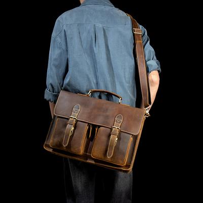 Vintage Handmade Crazy Horse Leather Handbag Large Capacity Briefcase For Men 15" Laptop Bag Work Business Bag