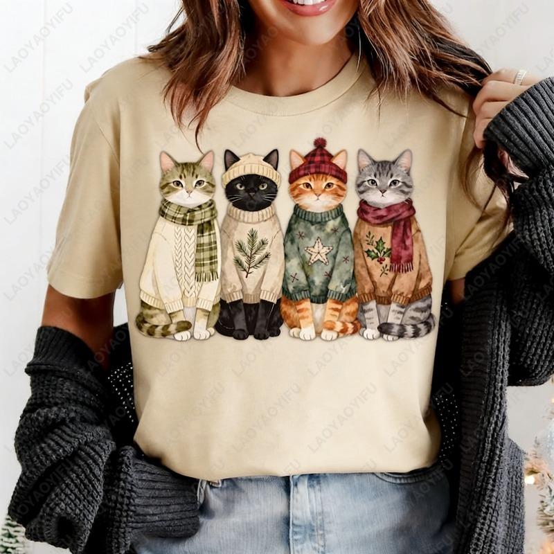 Watercolor Style Cat Mama Retro Kitten Cotton Tshirts Cute Cat Lover Gift Oneck Printed Tops Women Kawaii Clothes Ropa Mujer
