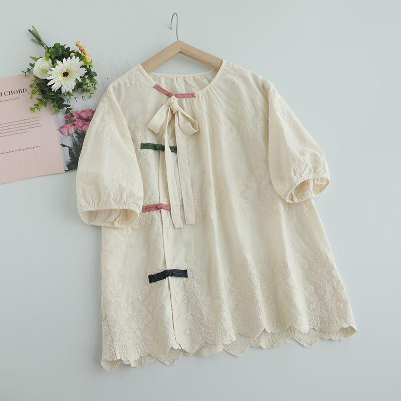 

Новое поступление Цветная футболка с круглым вырезом и коротким рукавом с пряжкой Женская Новая в китайском стиле Уменьшающая возраст Вышивка Чистый хлопок Милый кардиган Топы Мода Beige One size