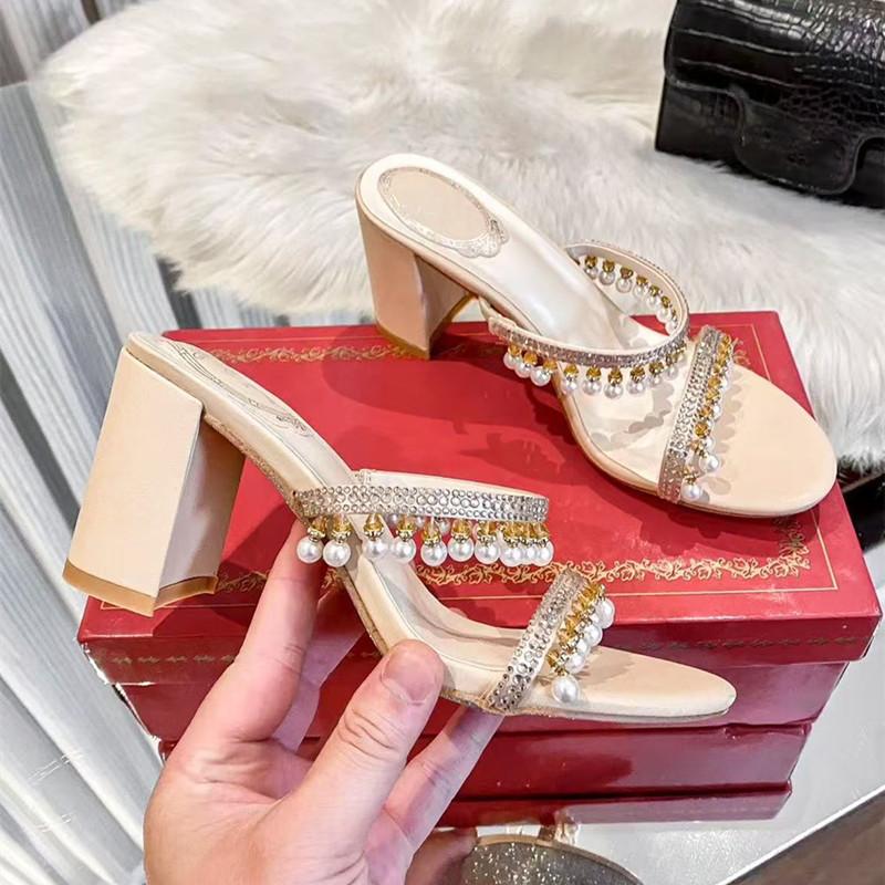 

Fashion Luxury Rhinestones Pearls Pendant Tassels Women Slippers Sandals Summer Fashion Crystal High heels Mules Slides Party Prom Shoes 35