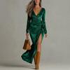 Women's Deep V-Neck Wrap Maxi Dress with High Slit and Tie Waist Slim Fit Evening Gown for Party