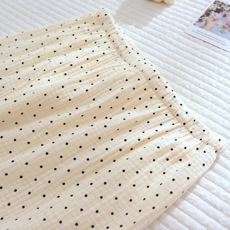 Women's Polka Dot Crinkle Cotton Pajama Set - Long Sleeve & Pants, Japanese Style, Soft Spring/Summer Homewear