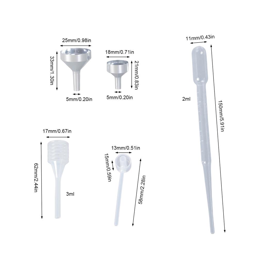 Packung mit 10 Mini-Metalltrichtern und Plastiktropfern für ätherische Öle, Parfüms, Kosmetikbastelarbeiten und Küchengebrauch