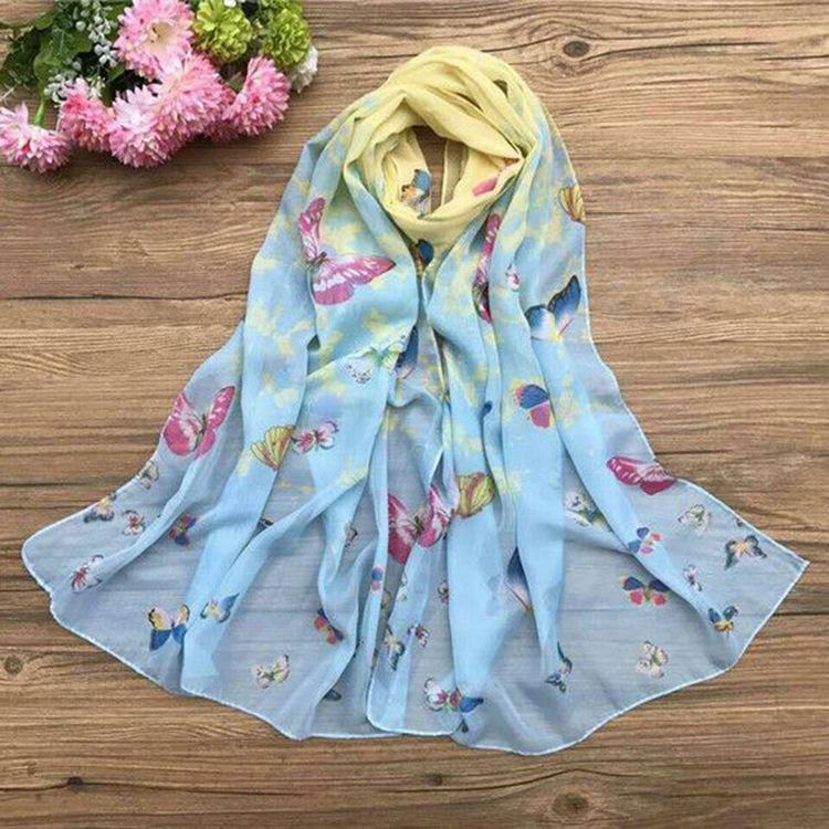 Spring and Summer Women's Chiffon Printed Scarf Sun Protection Thin Silk Scarf Shawl Beach Butterfly Scarf