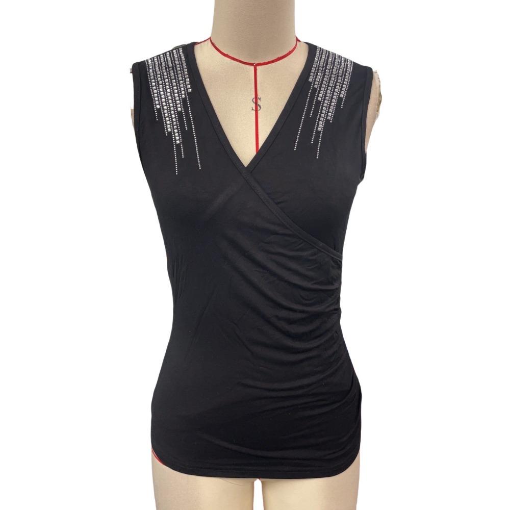 Spring and Summer Women's Elegant Cross Pleated Hot Drilling Sleeveless Vest Slim Slim T-Shirt