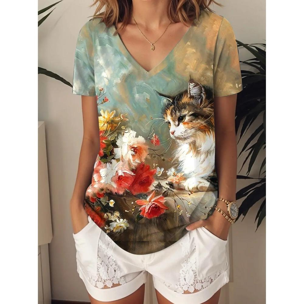 

Women s T-Shirt Kawaii Cat Graphic Fashion Short Sleeved V-Neck Regular Tops Daily Print Tee Summer Spring casual Tops S