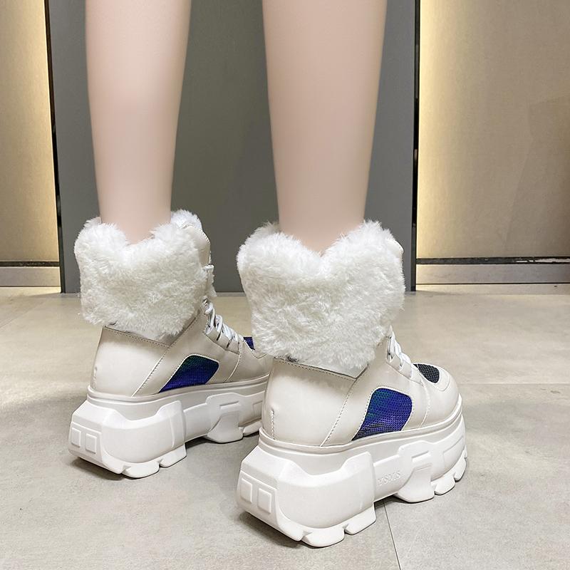 Fashion Fashion Women Chunky 8CM Platform Motorcycle Boots White Lace Up Thick Bottom Shoes Woman Autumn Winter Ankle Botas De Mujer