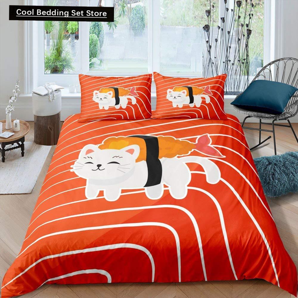 Japanese Sushi King Queen Duvet Cover Little Cat Bedding Set Novelty Cartoon Pet Animal Japan Food White Polyester Quilt Cover